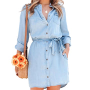 Fashion Women Casual Denim Dress Solid Color Long Sleeve Button-Down Lapel Short Dress with Belt Shirts Dress