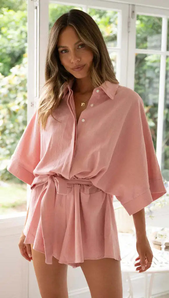 Women's Jumpsuit Spring/summer New Style With Collar Mid Sleeves Waist Strap Fashionable Loose Short Style Solid Color Jumpsuit