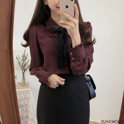 Bow Tie Long Sleeve Blouse Top