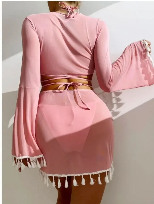 Tassel Tie Bikini Set with Cover-Up