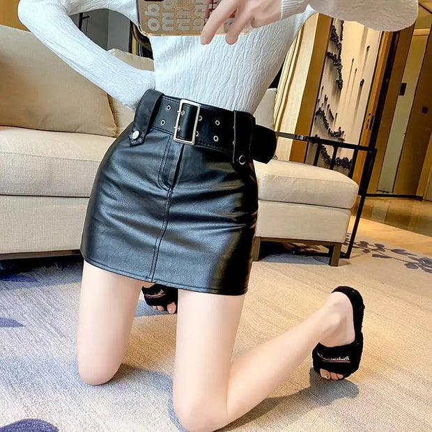 High-Waist Faux Leather Mini Skirt with Belt