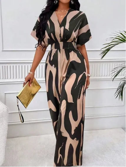 Abstract Print V-Neck Wide Leg Jumpsuit