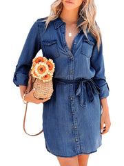 Fashion Women Casual Denim Dress Solid Color Long Sleeve Button-Down Lapel Short Dress with Belt Shirts Dress