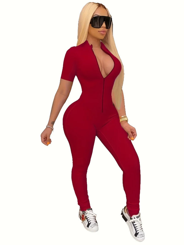 Curve-Hugging Zip-Front Casual Jumpsuit