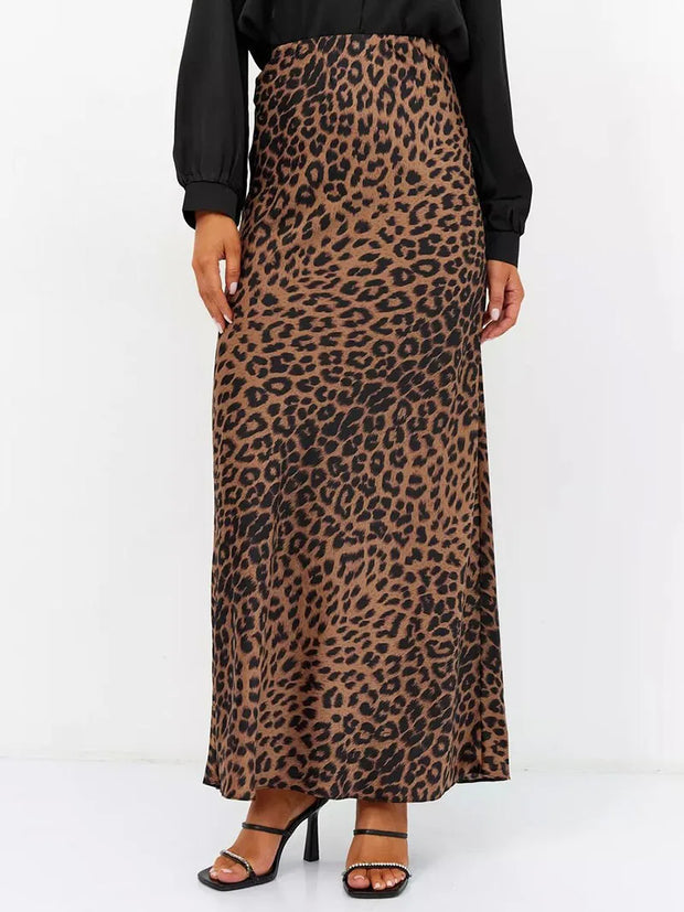 Vintage Leopard Print Satin High-Waist Skirt