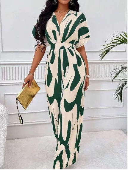 Abstract Print V-Neck Wide Leg Jumpsuit