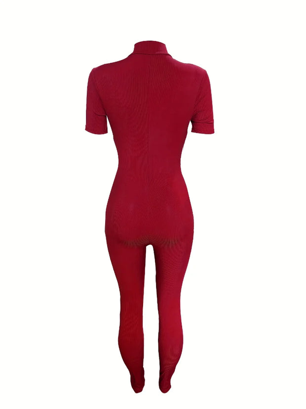 Curve-Hugging Zip-Front Casual Jumpsuit
