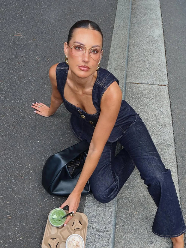 Women Vintage Denim Top Pant Set Square Collar Single Breasted Tank High Waist Jeans Female Sets 2025 Fashion Y2k  Denim Outfits