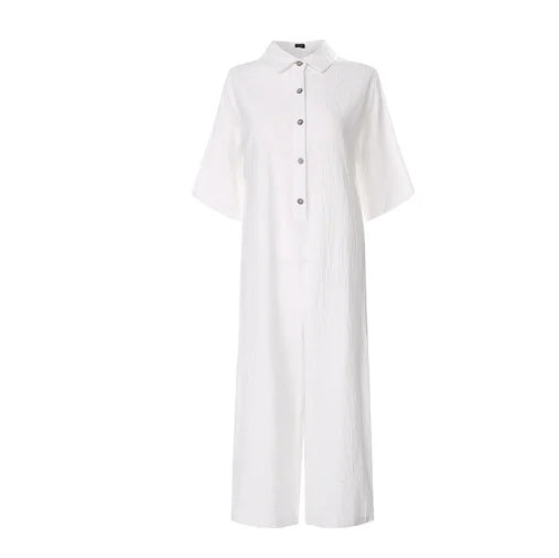 Women's Jumpsuit Summer Fashion European And American Women's Casual Short Sleeved Solid Color Button Up Shirt Loose Jumpsuit