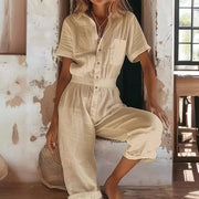 Women's Jumpsuit Summer Fashion European And American Women's Casual Short Sleeved Solid Color Button Up Shirt Loose Jumpsuit