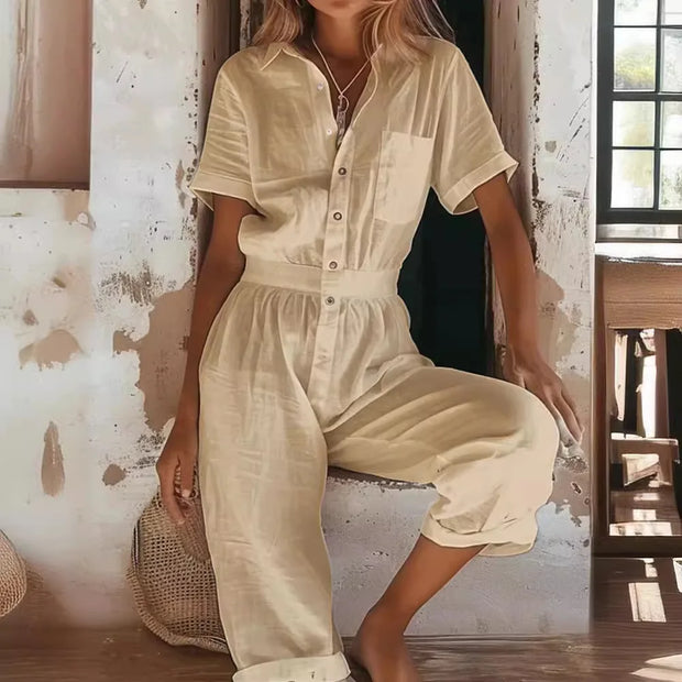Women's Jumpsuit Summer Fashion European And American Women's Casual Short Sleeved Solid Color Button Up Shirt Loose Jumpsuit