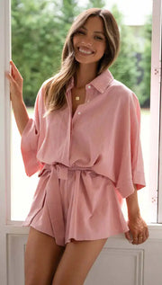 Women's Jumpsuit Spring/summer New Style With Collar Mid Sleeves Waist Strap Fashionable Loose Short Style Solid Color Jumpsuit