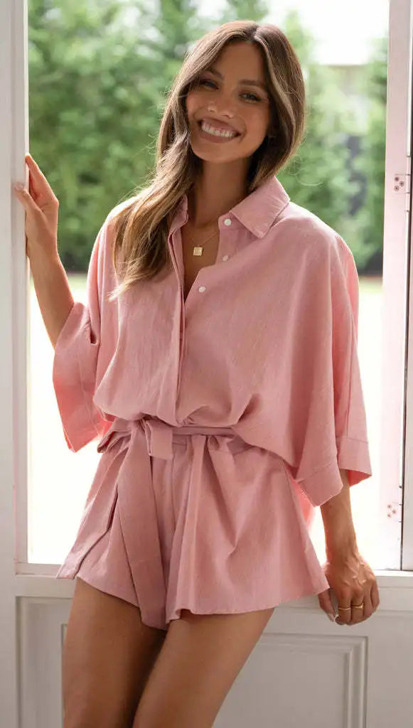 Women's Jumpsuit Spring/summer New Style With Collar Mid Sleeves Waist Strap Fashionable Loose Short Style Solid Color Jumpsuit