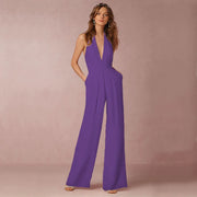 Jumpsuits Women Sexy Playsuits Deep V-neck Sleeveless Halter Neck Backless High Waist Wide Leg Jumpsuit Elegant Party Banquet