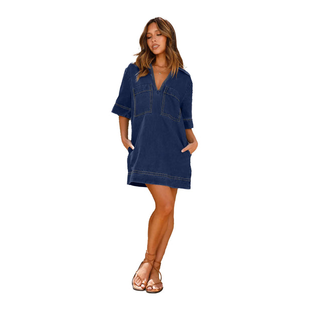 Fashion Denim Dress Casual V Neck Short Sleeve Loose Distressed Jean Dress 2024 Spring Summer Street Style Dresses Female