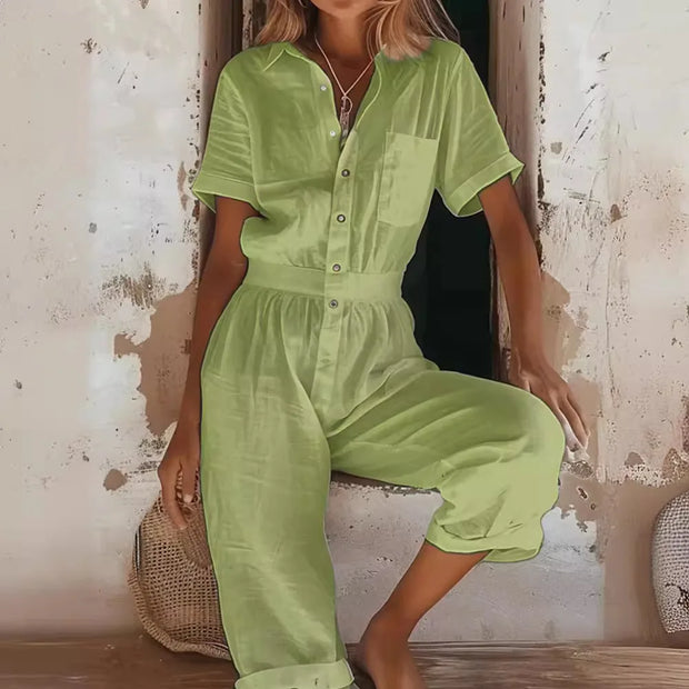 Women's Jumpsuit Summer Fashion European And American Women's Casual Short Sleeved Solid Color Button Up Shirt Loose Jumpsuit