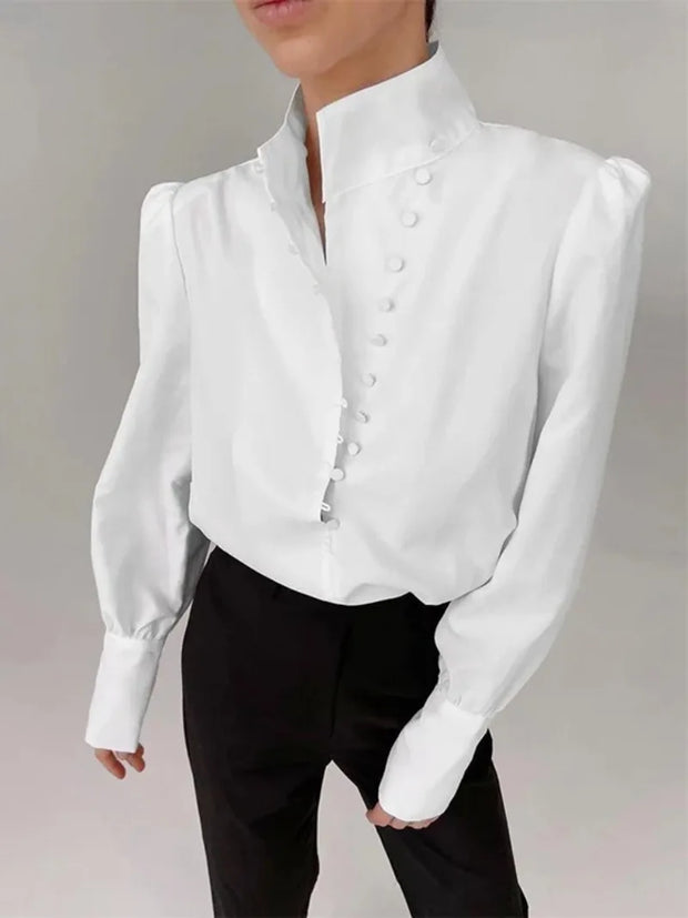 Chic High-Neck Satin Blouse - Classic White
