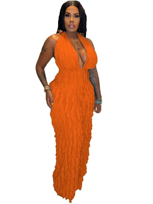 Plunge Neck Textured Maxi Jumpsuit