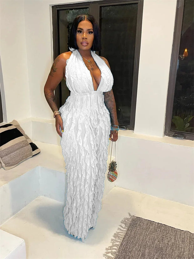 Plunge Neck Textured Maxi Jumpsuit
