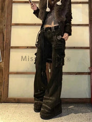 Grunge Japanese Fashion Chic Jeans Women Harajuku Gyaru Y2K Denim Slim Cargo Pants Cyber Punk Hip-pop 2000s Aesthetic Tomboy New