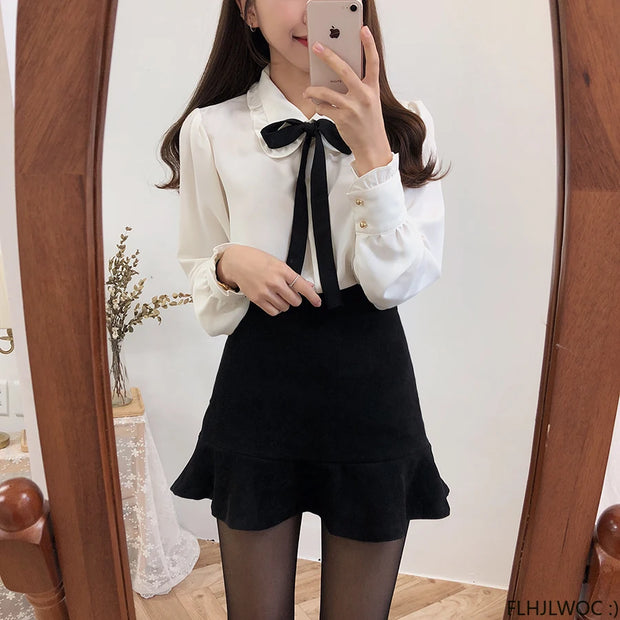 Bow Tie Long Sleeve Blouse Top