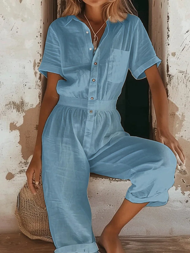 Women's Jumpsuit Summer Fashion European And American Women's Casual Short Sleeved Solid Color Button Up Shirt Loose Jumpsuit