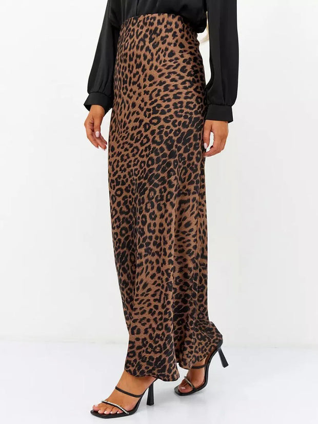 Vintage Leopard Print Satin High-Waist Skirt