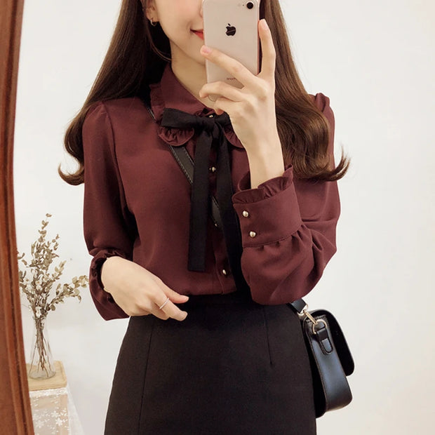 Bow Tie Long Sleeve Blouse Top