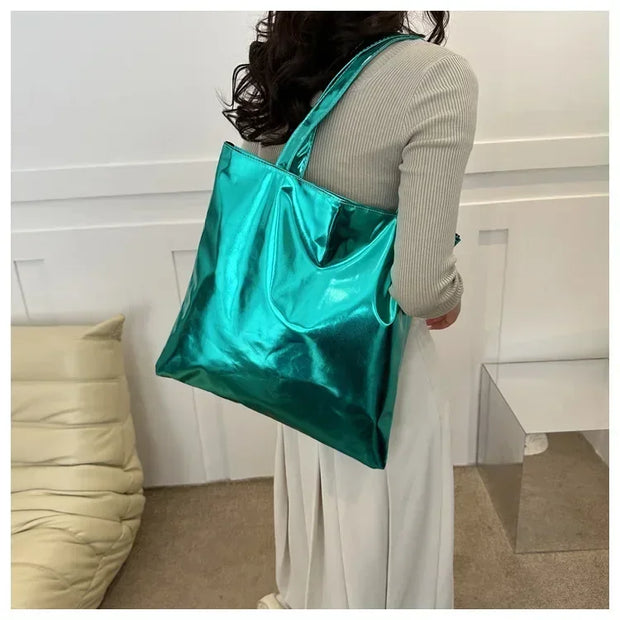 Shiny Metallic Leather Tote  Bag