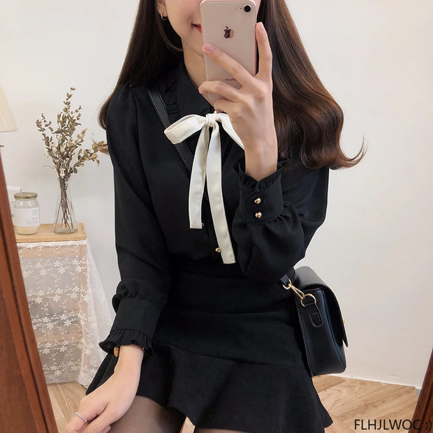 Bow Tie Long Sleeve Blouse Top