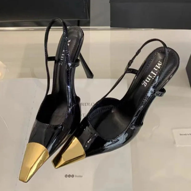 Women's Fashion Stiletto Sandals Spring New Metal Pointed Head Shallow Mouth Word with Anti-slip Wear-resistant High Heels
