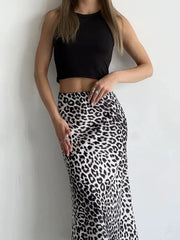 Vintage Leopard Print Satin High-Waist Skirt