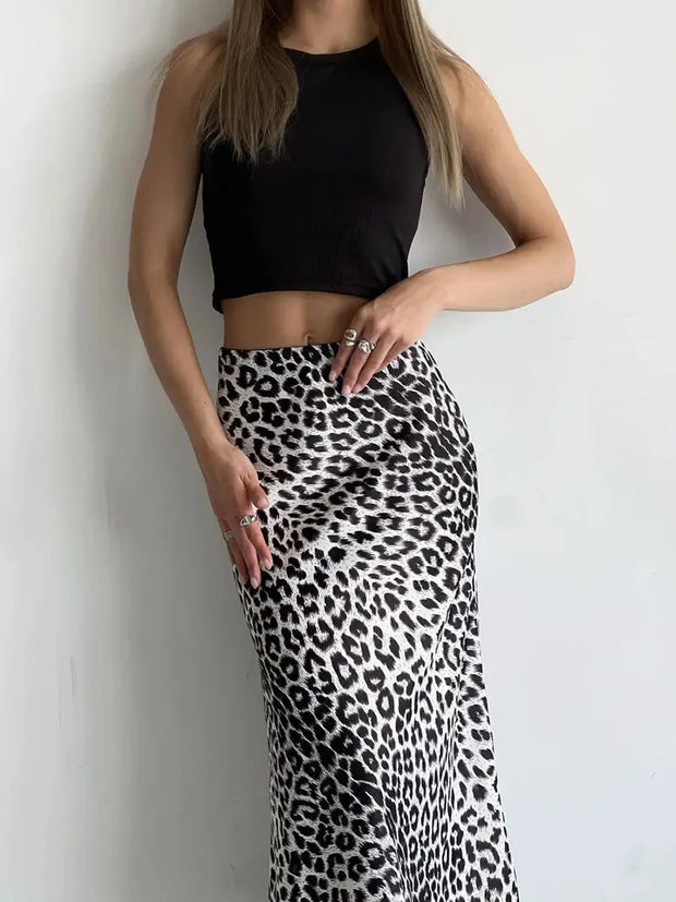 Vintage Leopard Print Satin High-Waist Skirt