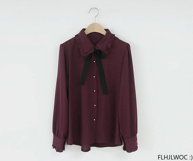 Bow Tie Long Sleeve Blouse Top