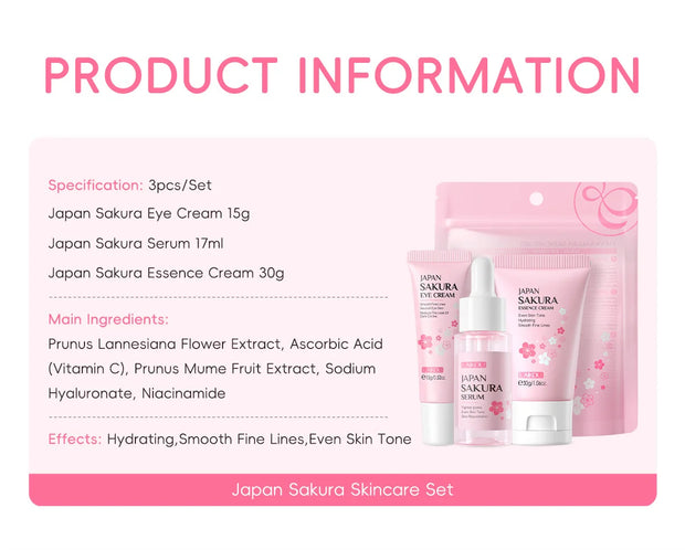 3pcs/set Sakura Skin Care Sets Face Cream Serum Eye Cream Face