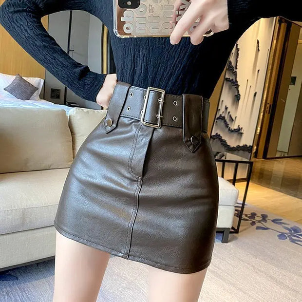 High-Waist Faux Leather Mini Skirt with Belt