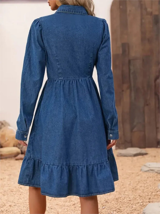 Fashion Ruffles Women Blue Denim Dress