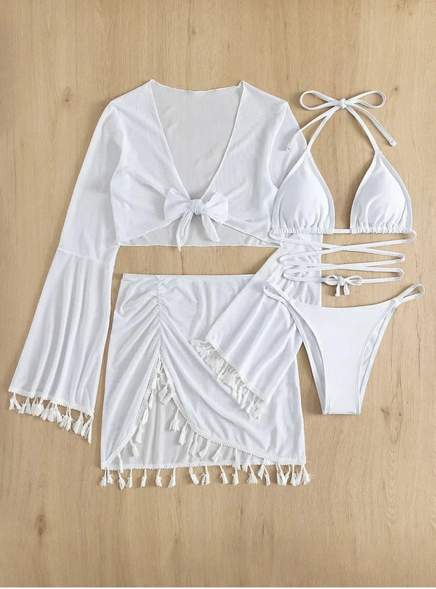 Tassel Tie Bikini Set with Cover-Up