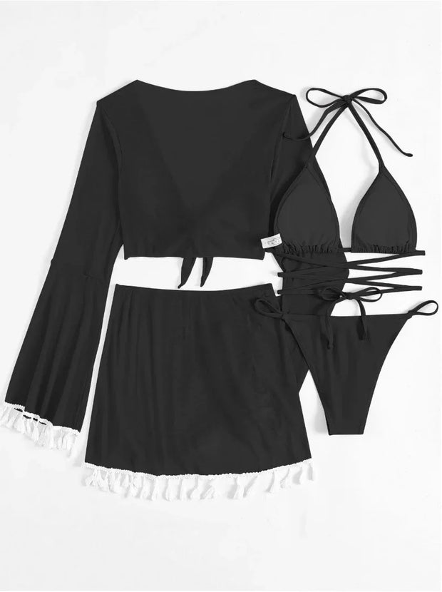 Tassel Tie Bikini Set with Cover-Up