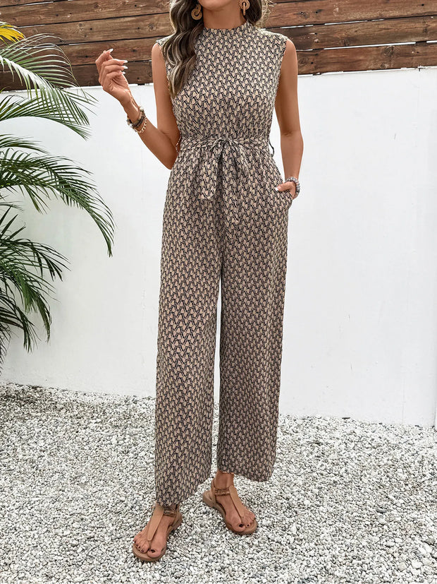 Boho Print Sleeveless Tie-Waist Jumpsuit