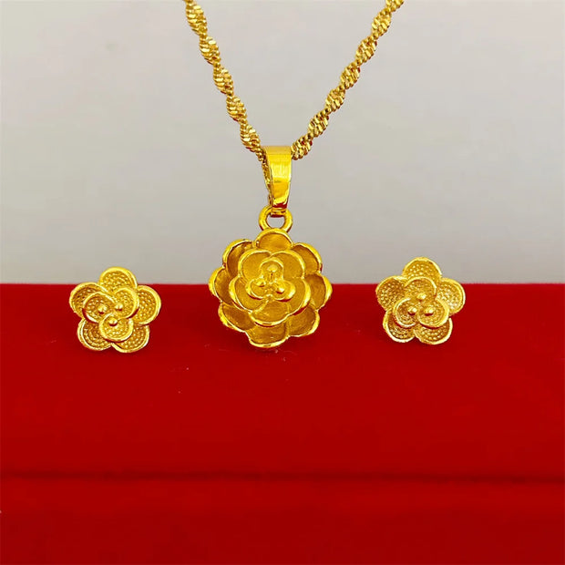 Gold Color Jewelry Sets for Women Cute Flower Stud Earrings Necklace 2pcs