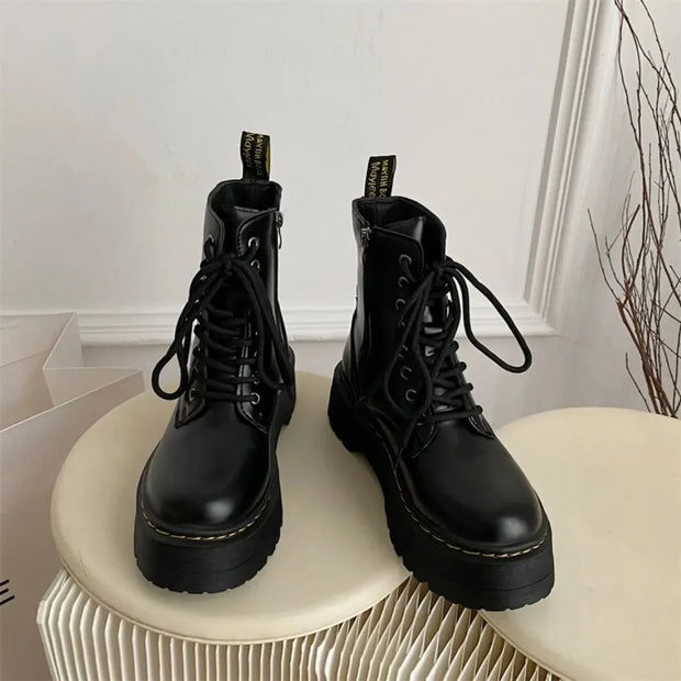 Women Boots Goth Casual Shoes Woman Leather Chelsea Classic Motorcycle Female Goth Shoes High Platform Boots Women Botas Mujer