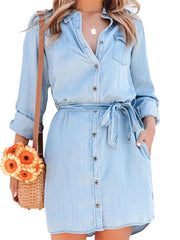 Fashion Women Casual Denim Dress Solid Color Long Sleeve Button-Down Lapel Short Dress with Belt Shirts Dress