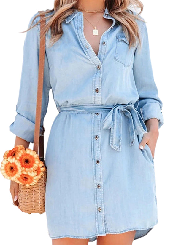 Fashion Women Casual Denim Dress Solid Color Long Sleeve Button-Down Lapel Short Dress with Belt Shirts Dress
