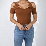 Ladies' Light V-neck Fashionable Casual Solid Color Lace Patchwork T-shirt Top