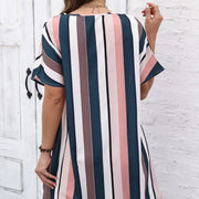 Ladies' Contrasting Striped Print Notch V-neck Short Casual Loose Dress