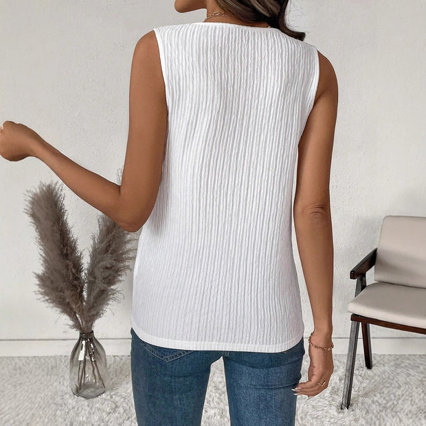 Women's Fashion Casual Sleeveless V-Neck Layered Collar Pleated Texture Jacquard Tank Top