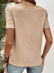 Women's Stitching Bow Tie Solid Color Hollow Round Neck Lace Short Sleeve