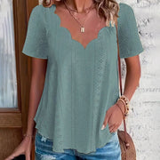 Womens Summer Scallop V Neck Eyelet T Blouses