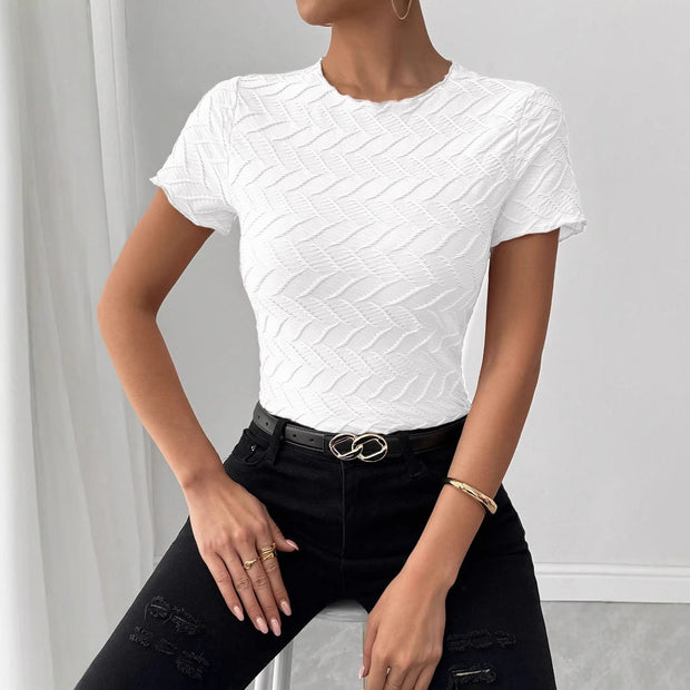 Summer New Texture Solid Color Round Neck Short Sleeve Commuter Style Ladies Top
